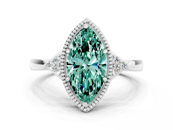White gold Marquise Cut Green Sapphire Halo Ring with Tapered Band and Four-Prong Setting