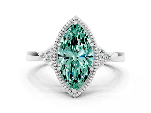 White gold Marquise Cut Green Sapphire Halo Ring with Tapered Band and Four-Prong Setting
