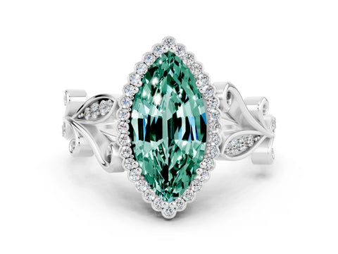 White gold Marquise Cut Green Sapphire Halo Ring with Vintage Split Shank and Four-Prong Setting_24