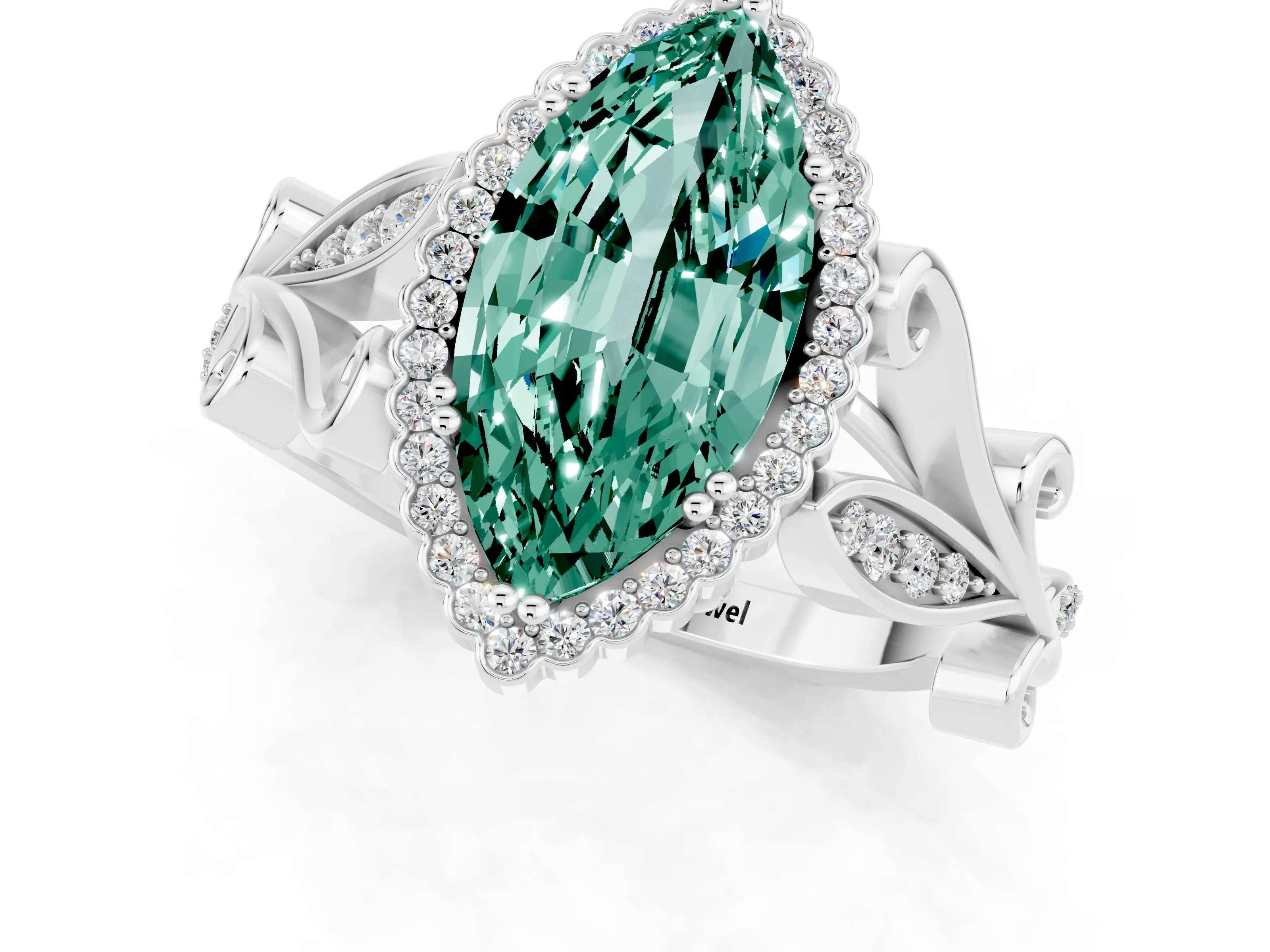 White gold Marquise Cut Green Sapphire Halo Ring with Vintage Split Shank and Four-Prong Setting_25