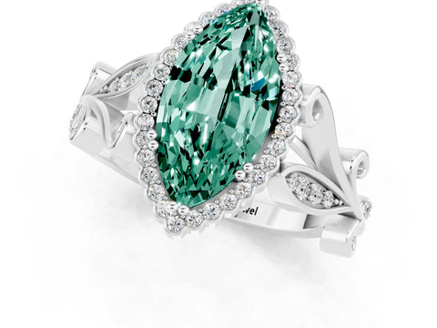 White gold Marquise Cut Green Sapphire Halo Ring with Vintage Split Shank and Four-Prong Setting_25