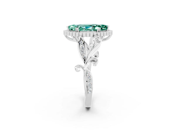 White gold Marquise Cut Green Sapphire Halo Ring with Vintage Split Shank and Four-Prong Setting