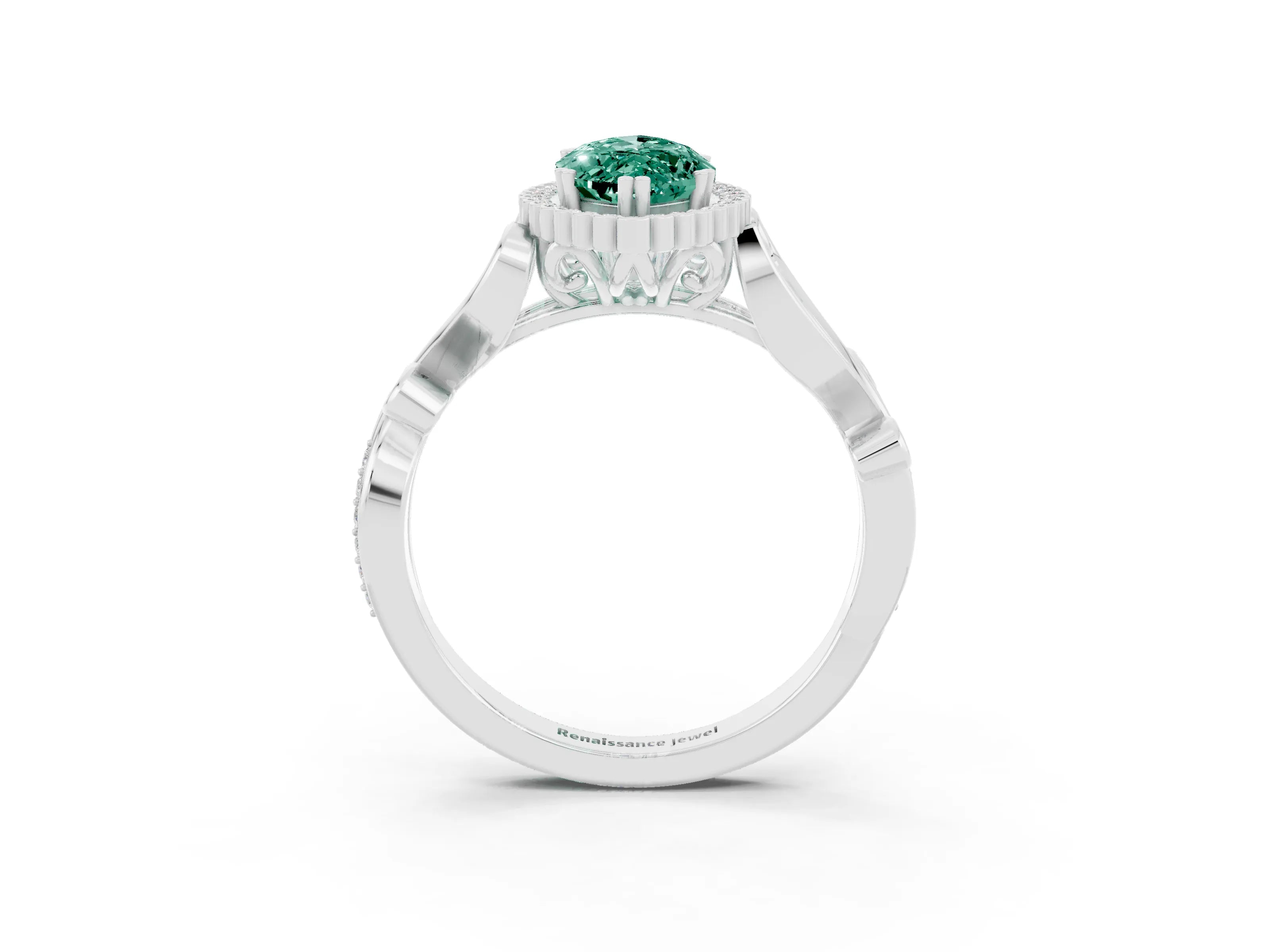 White gold Marquise Cut Green Sapphire Halo Ring with Vintage Split Shank and Four-Prong Setting_27