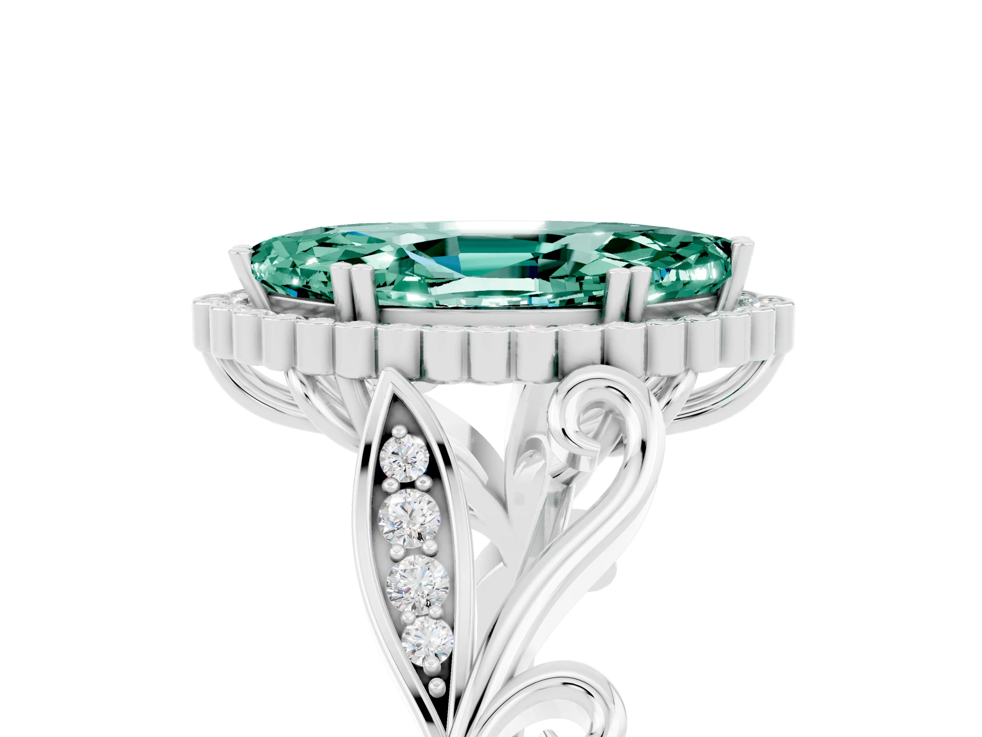 White gold Marquise Cut Green Sapphire Halo Ring with Vintage Split Shank and Four-Prong Setting_29