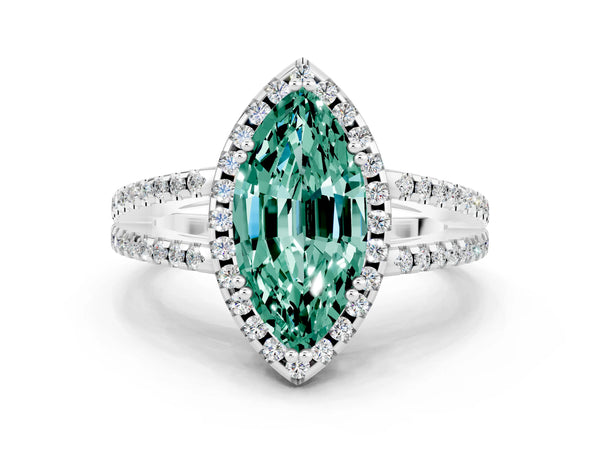 Platinum Marquise Cut Green Sapphire Halo Split Shank Engagement Ring
