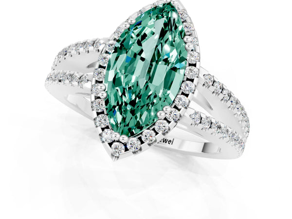 Platinum Marquise Cut Green Sapphire Halo Split Shank Engagement Ring