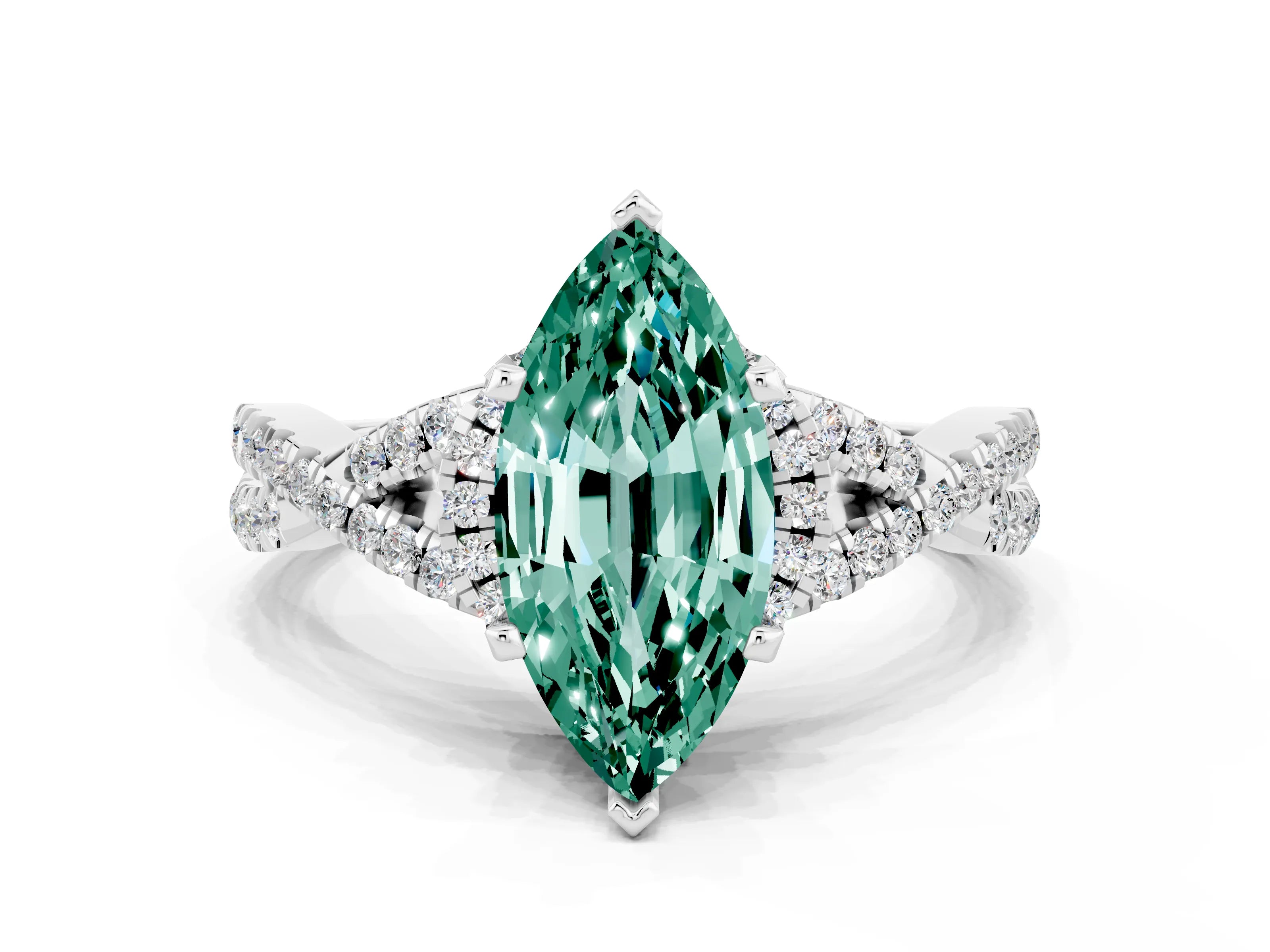 White gold Marquise Cut Green Sapphire Halo Twist Band Solitaire Prong Setting Ring
