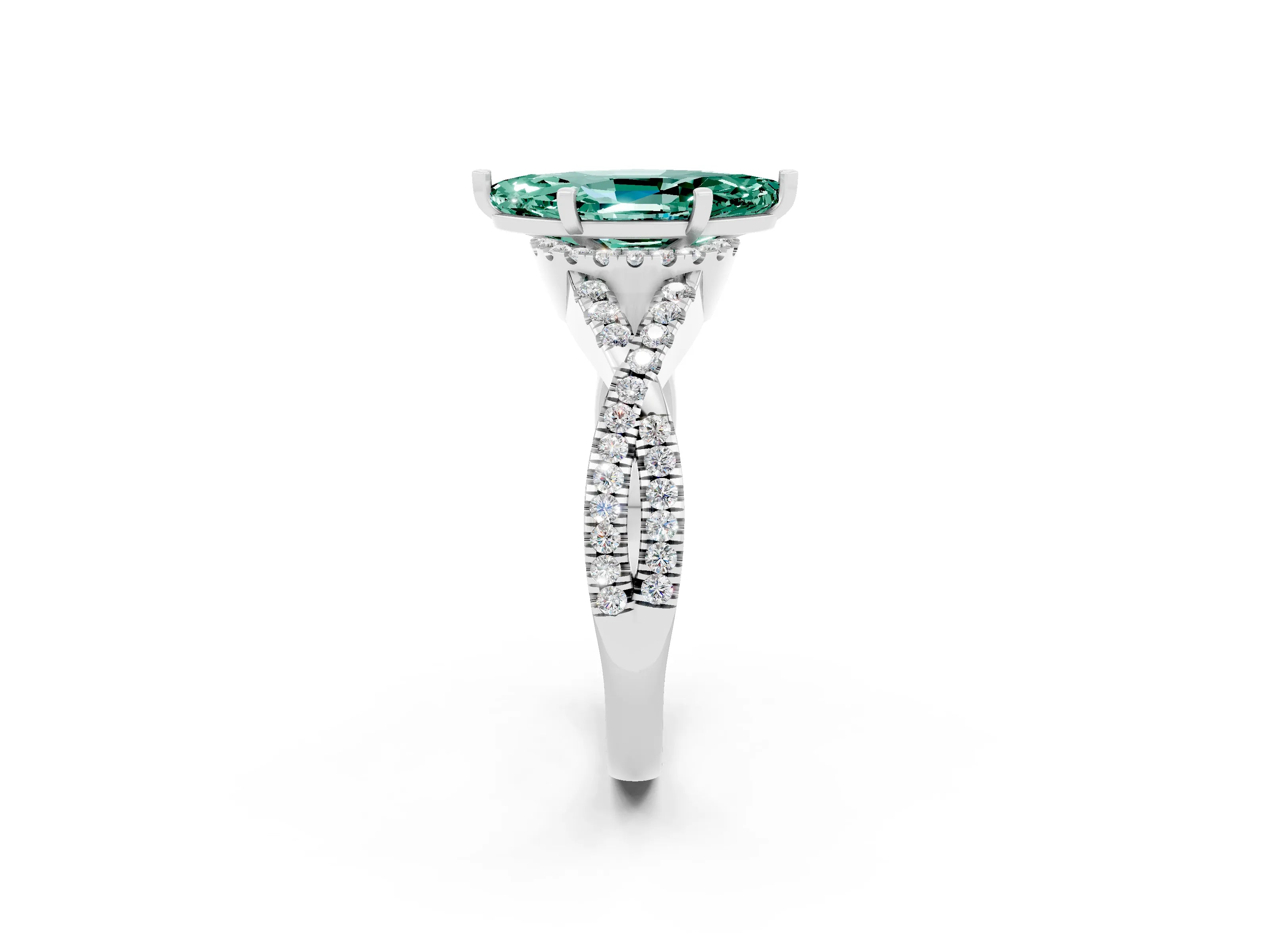 White gold Marquise Cut Green Sapphire Halo Twist Band Solitaire Prong Setting Ring_2