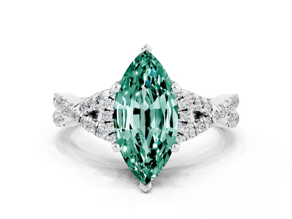 Silver Marquise Cut Green Sapphire  Halo Twist Band Solitaire Prong Setting Ring