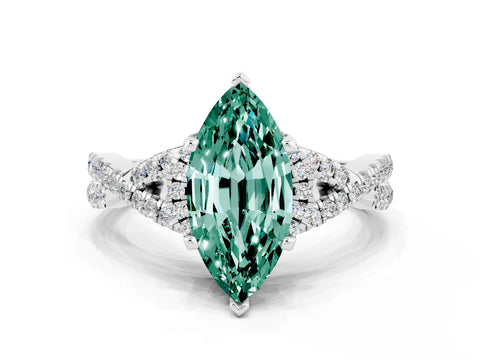 White gold Marquise Cut Green Sapphire Halo Twist Band Solitaire Prong Setting Ring