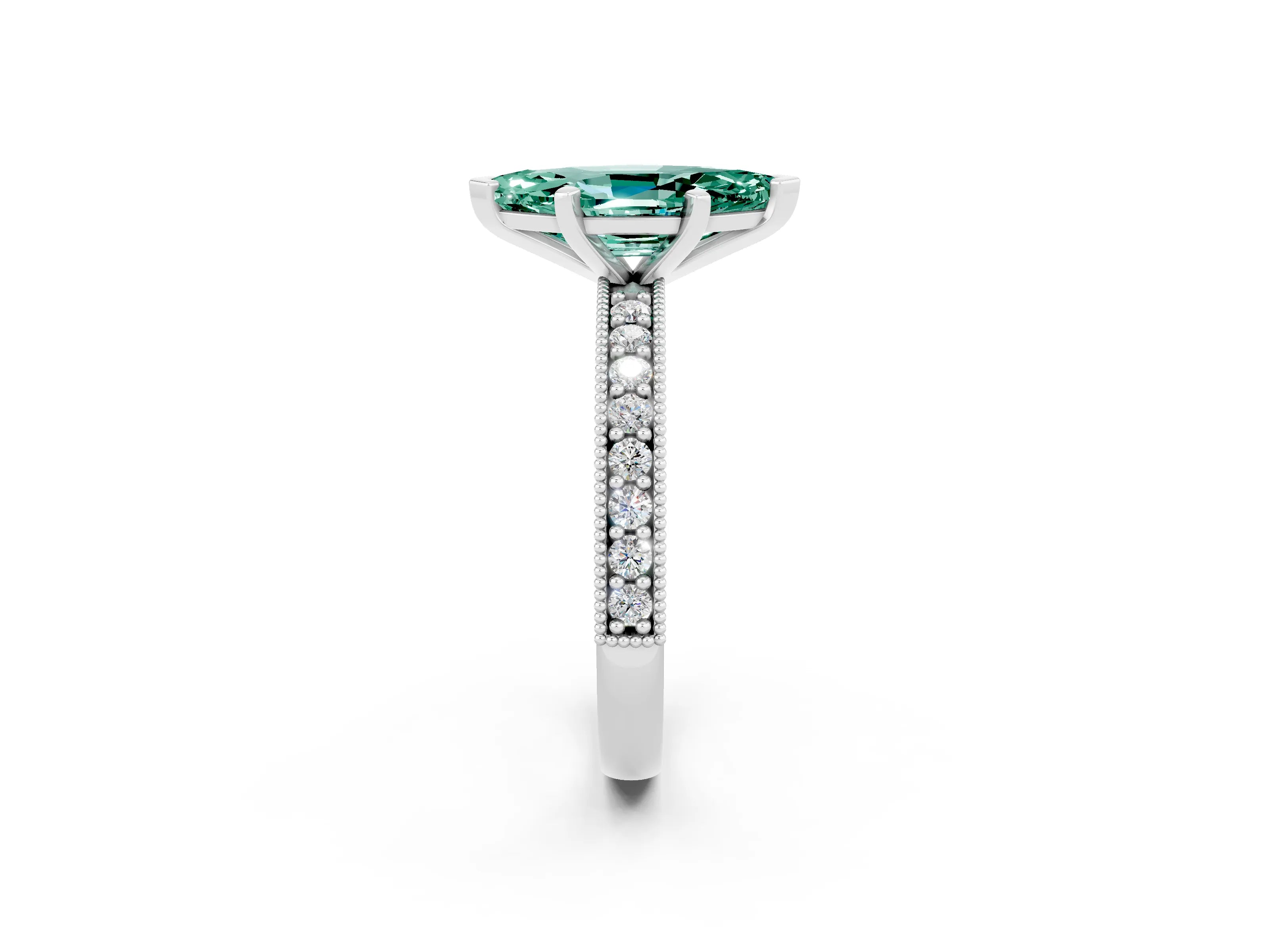 White gold Marquise Cut Green Sapphire Milgrain Pavé Engagement Ring with Four-Prong Setting_2