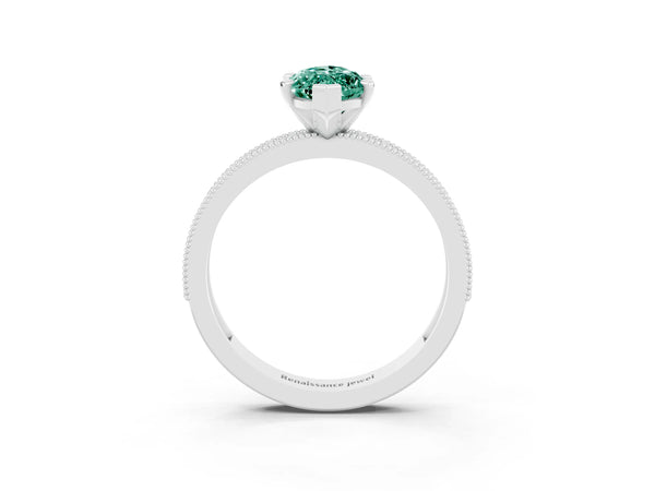 White gold Marquise Cut Green Sapphire Milgrain Pavé Engagement Ring with Four-Prong Setting