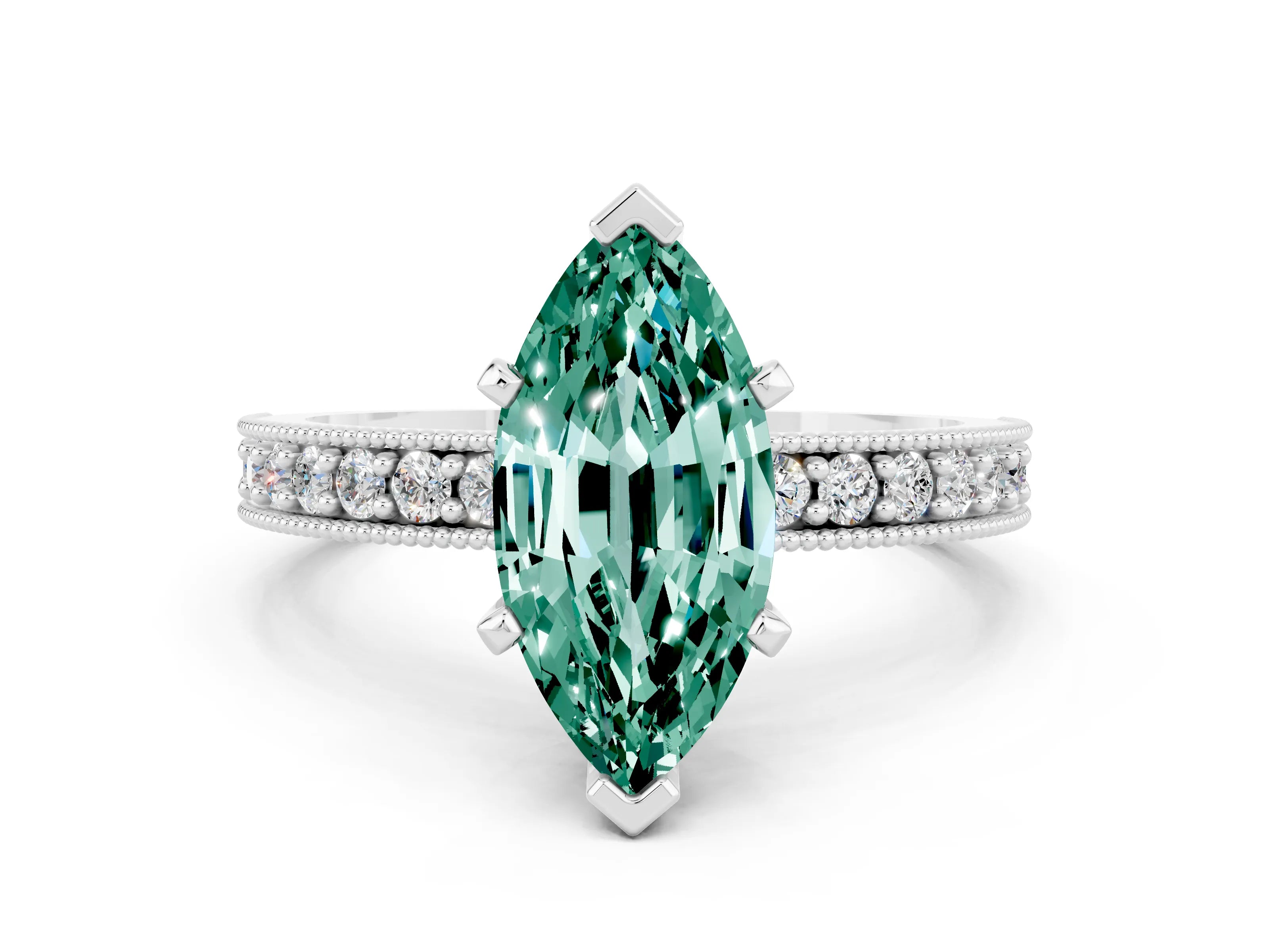 White gold Marquise Cut Green Sapphire Milgrain Pavé Engagement Ring with Four-Prong Setting