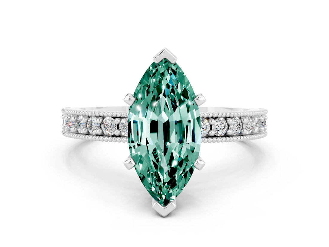 White gold Marquise Cut Green Sapphire Milgrain Pavé Engagement Ring with Four-Prong Setting