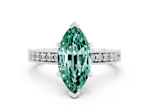White gold Marquise Cut Green Sapphire Milgrain Pavé Engagement Ring with Four-Prong Setting