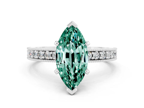 White gold Marquise Cut Green Sapphire Milgrain Pavé Engagement Ring with Four-Prong Setting