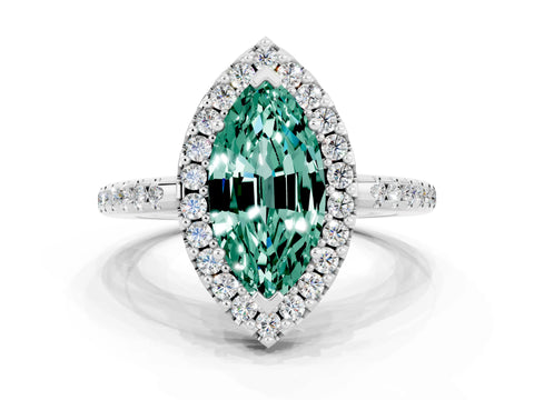 White gold Marquise Cut Green Sapphire Pavé Halo Ring with Four-Prong Setting_12