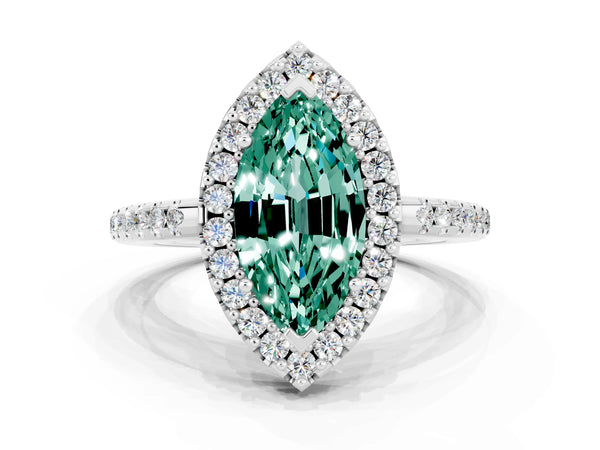 White gold Marquise Cut Green Sapphire Pavé Halo Ring with Four-Prong Setting