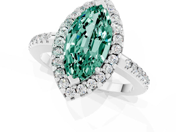 Platinum Marquise Cut Green Sapphire Pavé Halo Ring with Four-Prong Setting