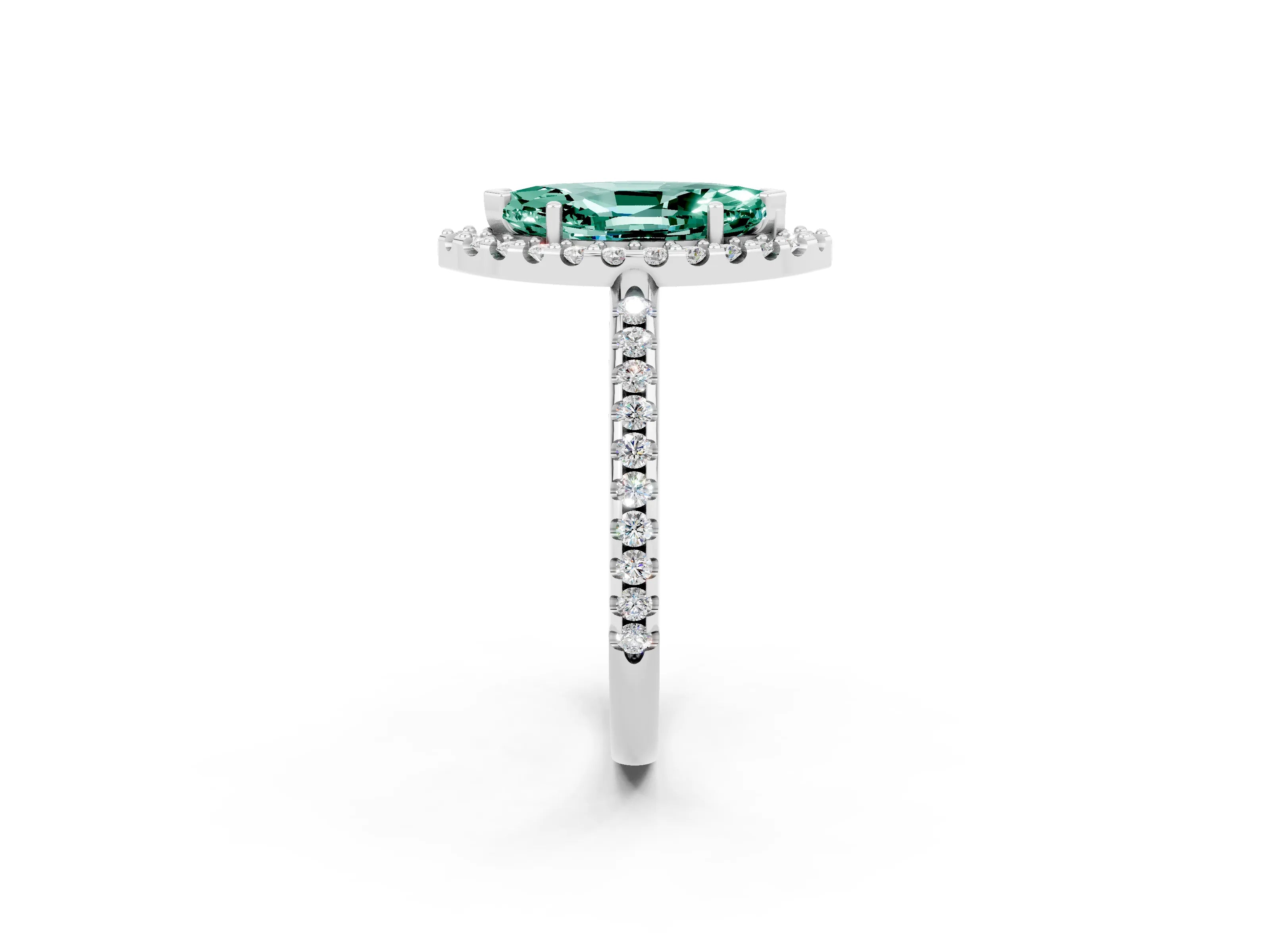 White gold Marquise Cut Green Sapphire Pavé Halo Ring with Four-Prong Setting_14