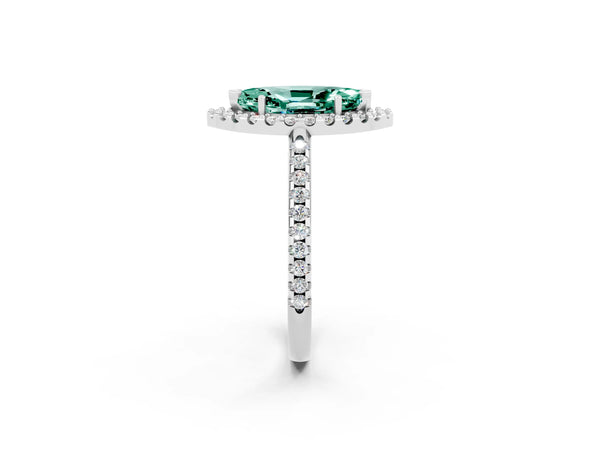 White gold Marquise Cut Green Sapphire Pavé Halo Ring with Four-Prong Setting
