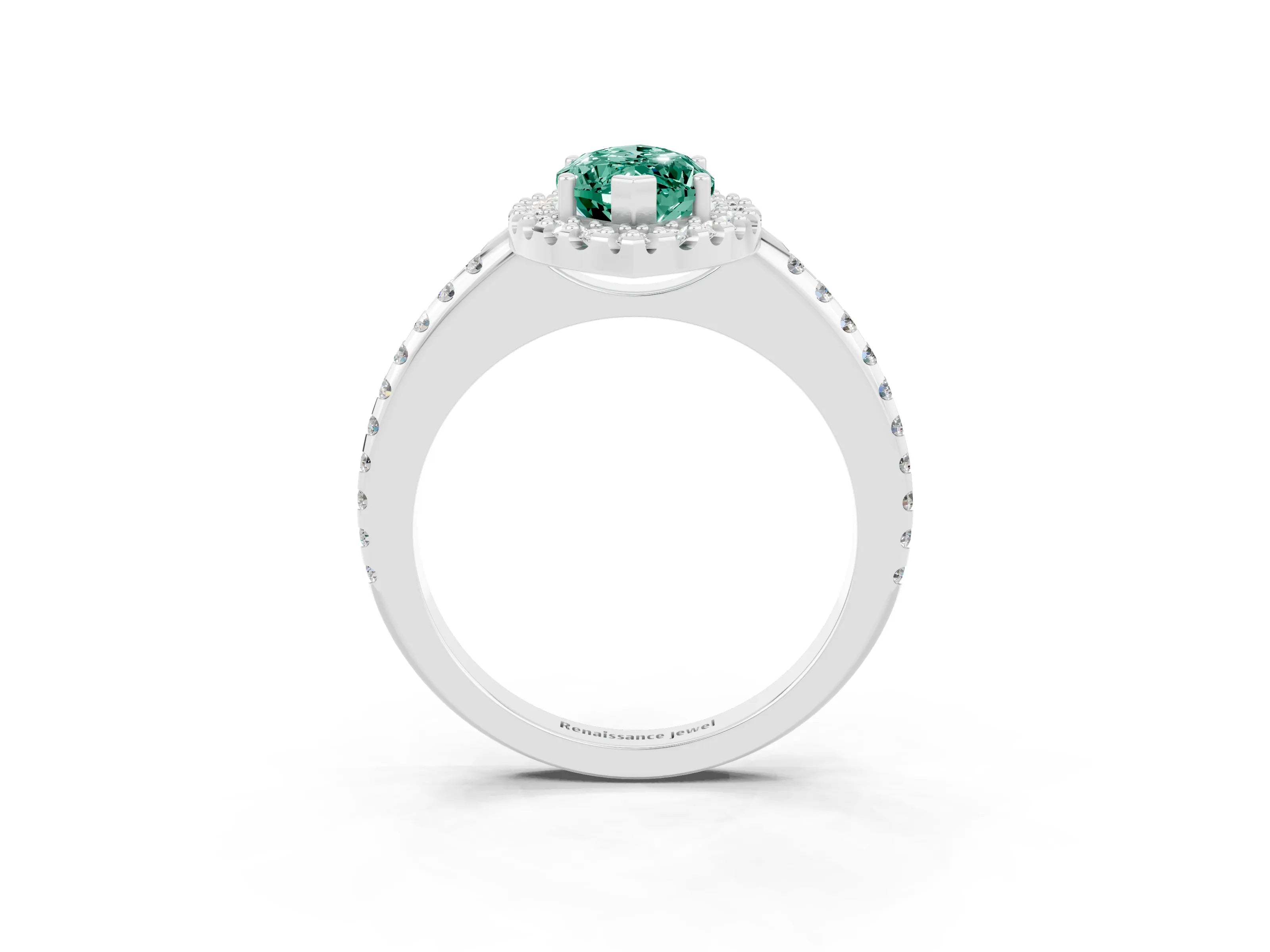 White gold Marquise Cut Green Sapphire Pavé Halo Ring with Four-Prong Setting_15