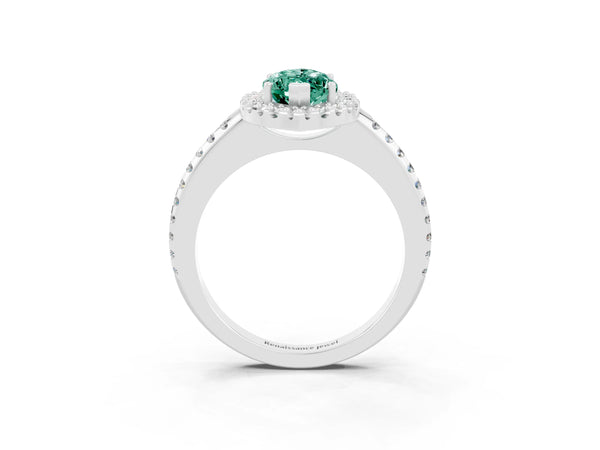 Silver Marquise Cut Green Sapphire Pavé Halo Ring with Four-Prong Setting