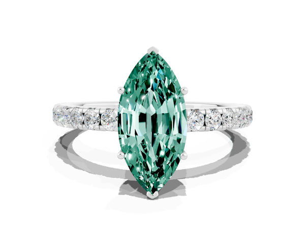 White gold Marquise Cut Green Sapphire Pavé Solitaire Engagement Ring with Four-Prong Setting