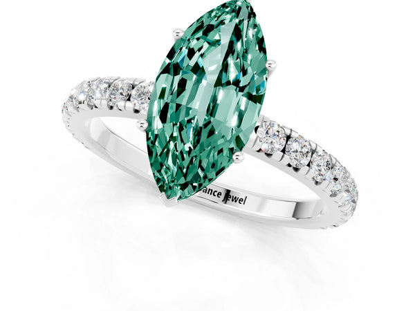 Silver Marquise Cut Green Sapphire Pavé Solitaire Engagement Ring with Four-Prong Setting