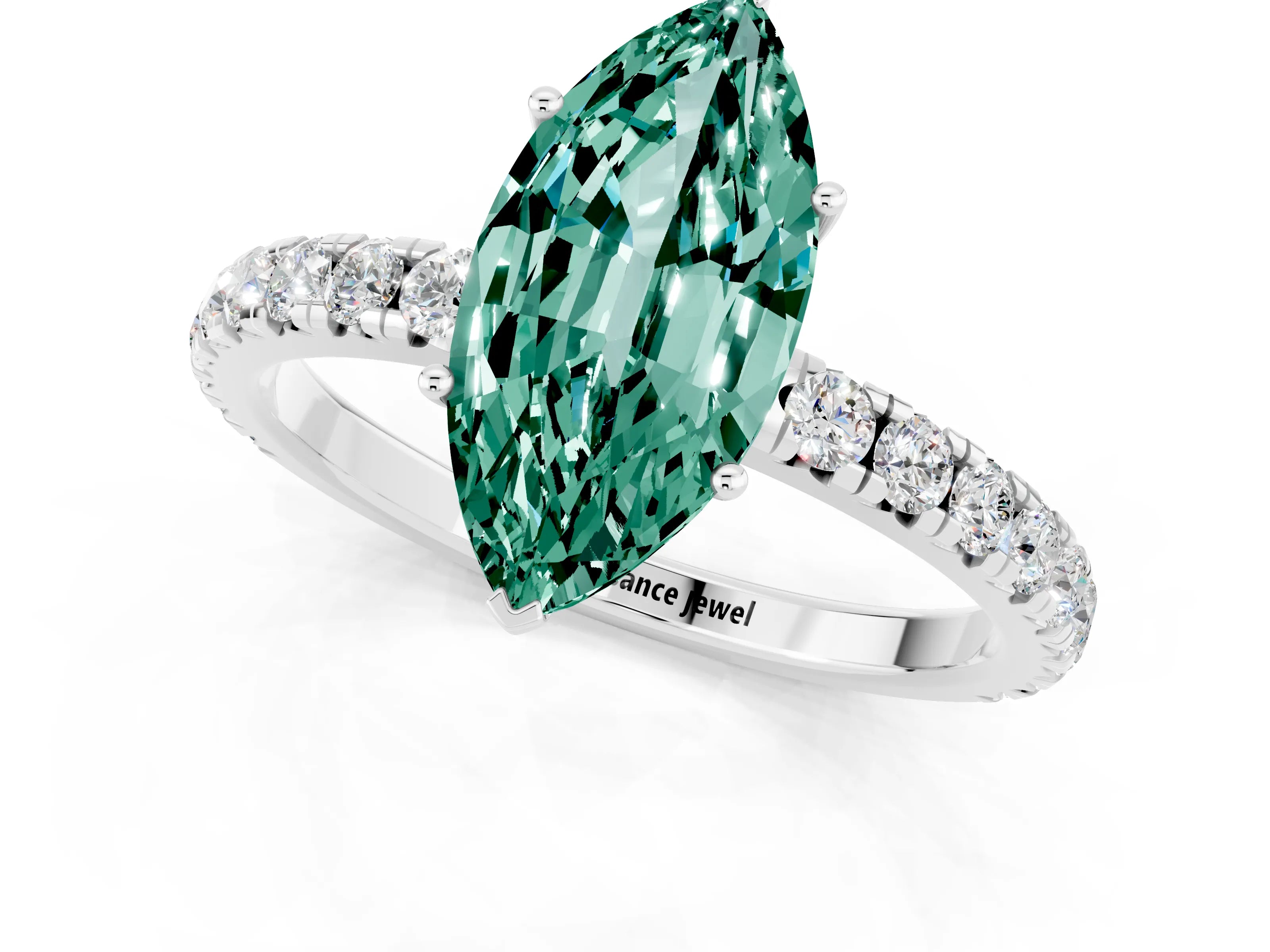 White gold Marquise Cut Green Sapphire Pavé Solitaire Engagement Ring with Four-Prong Setting_13