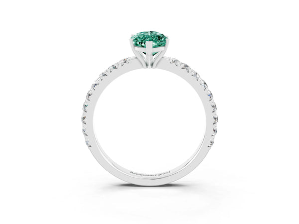 Silver Marquise Cut Green Sapphire Pavé Solitaire Engagement Ring with Four-Prong Setting