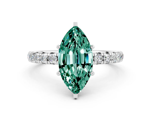 Platinum Marquise Cut Green Sapphire Pavé Solitaire Ring with Round Band and Prong Setting