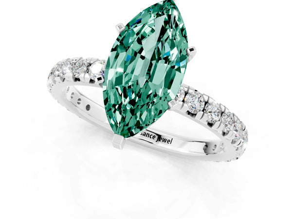 Platinum Marquise Cut Green Sapphire Pavé Solitaire Ring with Round Band and Prong Setting