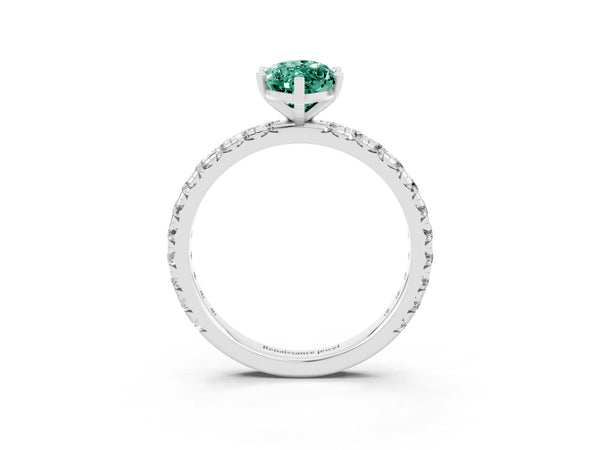 Platinum Marquise Cut Green Sapphire Pavé Solitaire Ring with Round Band and Prong Setting