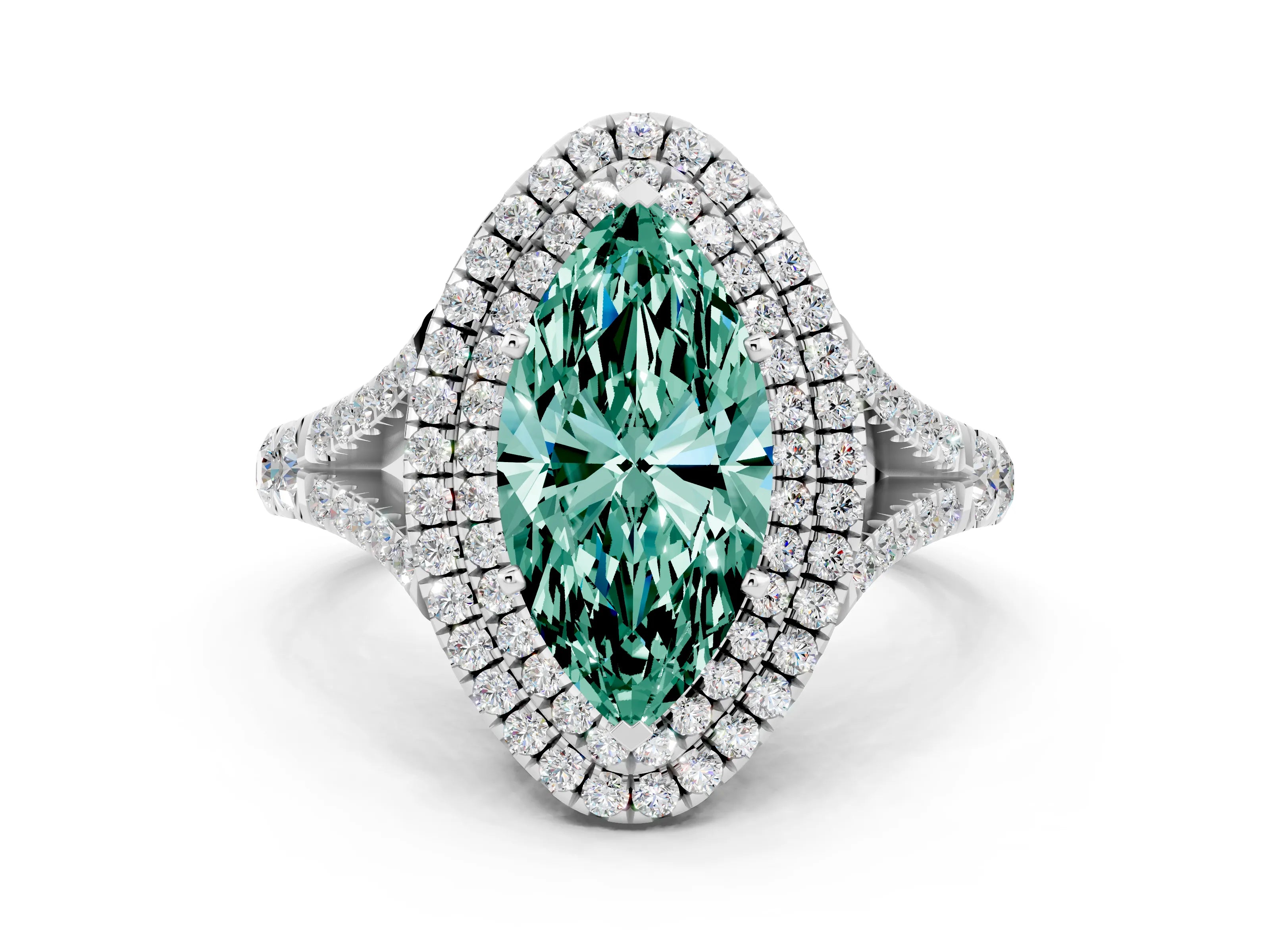White gold Marquise Cut Green Sapphire Pavé Split Shank Double Halo Engagement Ring