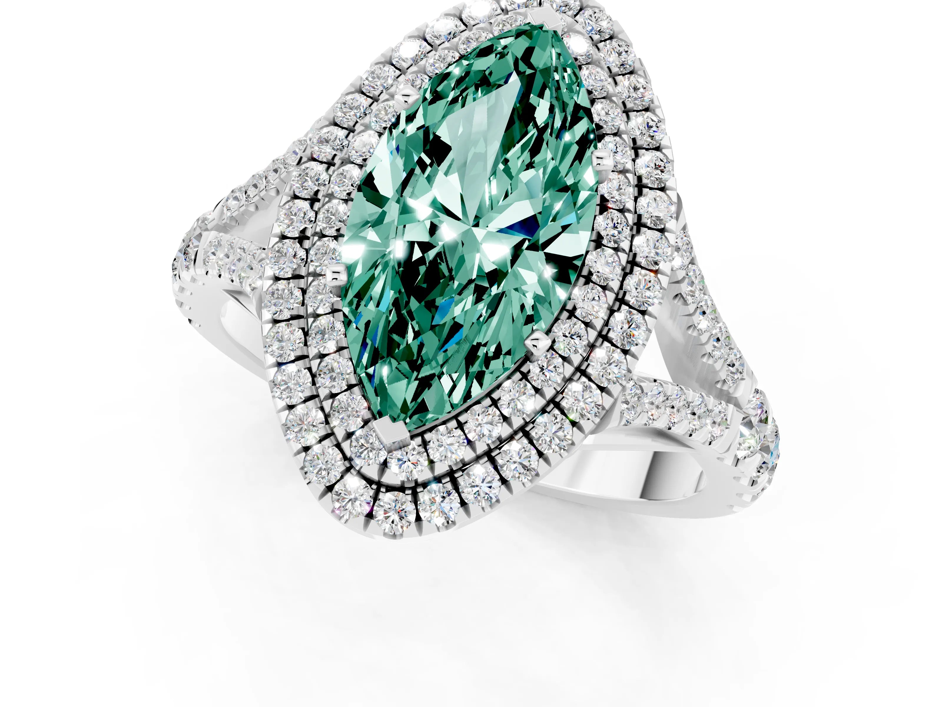 White gold Marquise Cut Green Sapphire Pavé Split Shank Double Halo Engagement Ring_1
