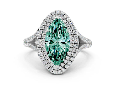 White gold Marquise Cut Green Sapphire Pavé Split Shank Double Halo Engagement Ring