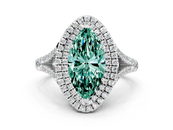 Silver Marquise Cut Green Sapphire Pavé Split Shank Double Halo Engagement Ring
