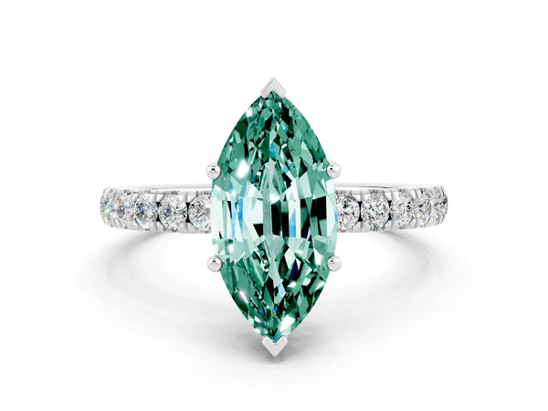 Platinum Marquise Cut Green Sapphire Pave Band Solitaire Ring with Round  and Prong Setting
