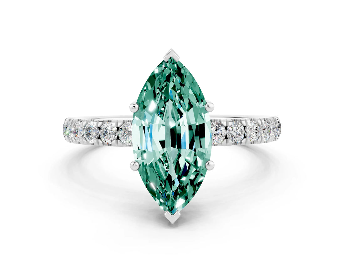 White gold Marquise Cut Green Sapphire Pave Band Solitaire Ring with Four-Prong Setting_24