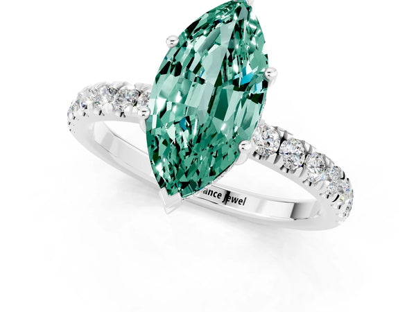 Platinum Marquise Cut Green Sapphire Pave Band Solitaire Ring with Round  and Prong Setting