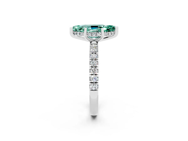 Platinum Marquise Cut Green Sapphire Pave Band Solitaire Ring with Round  and Prong Setting