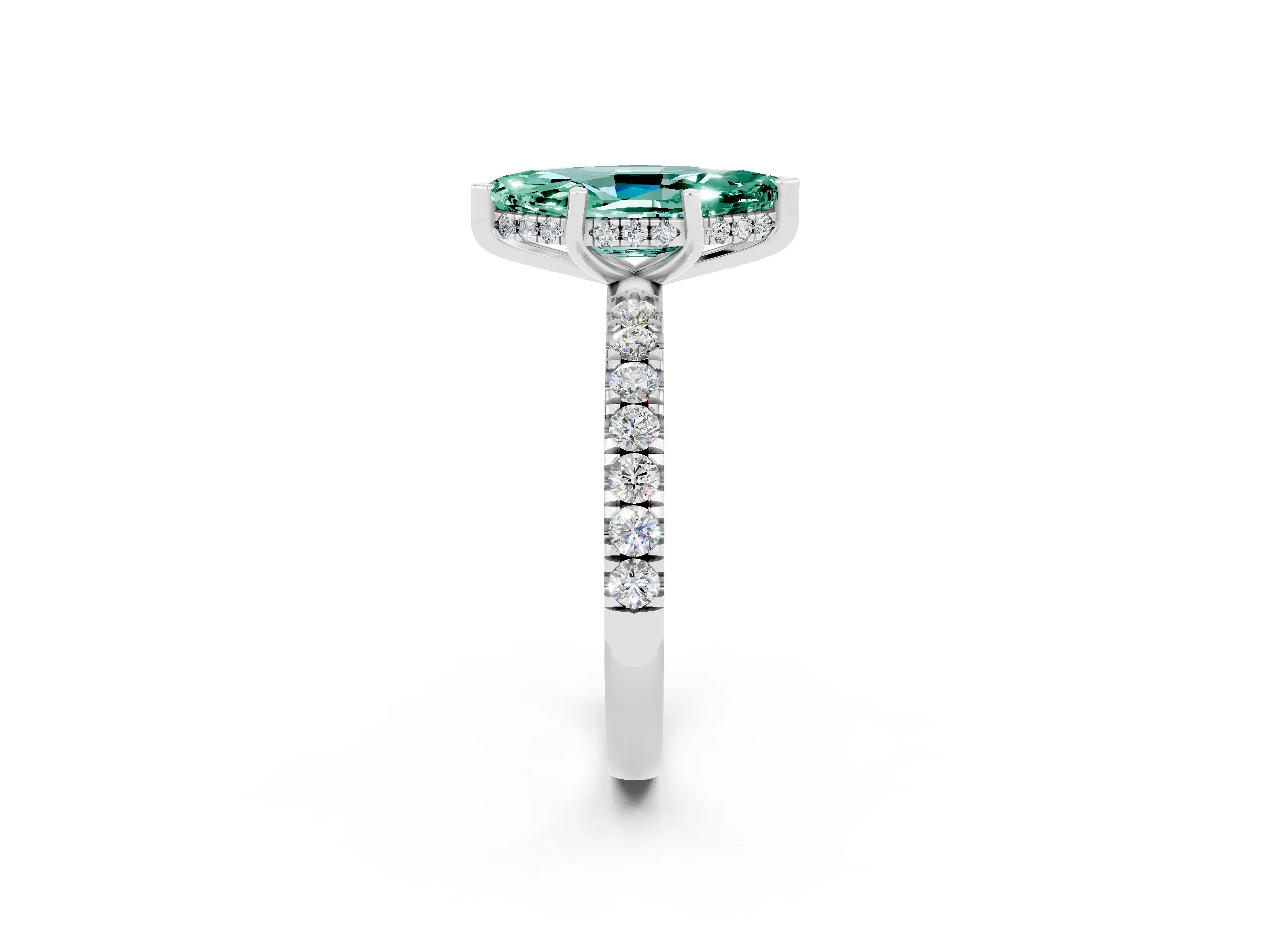 White gold Marquise Cut Green Sapphire Pave Band Solitaire Ring with Four-Prong Setting_26