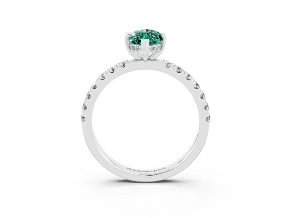 Platinum Marquise Cut Green Sapphire Pave Band Solitaire Ring with Round  and Prong Setting