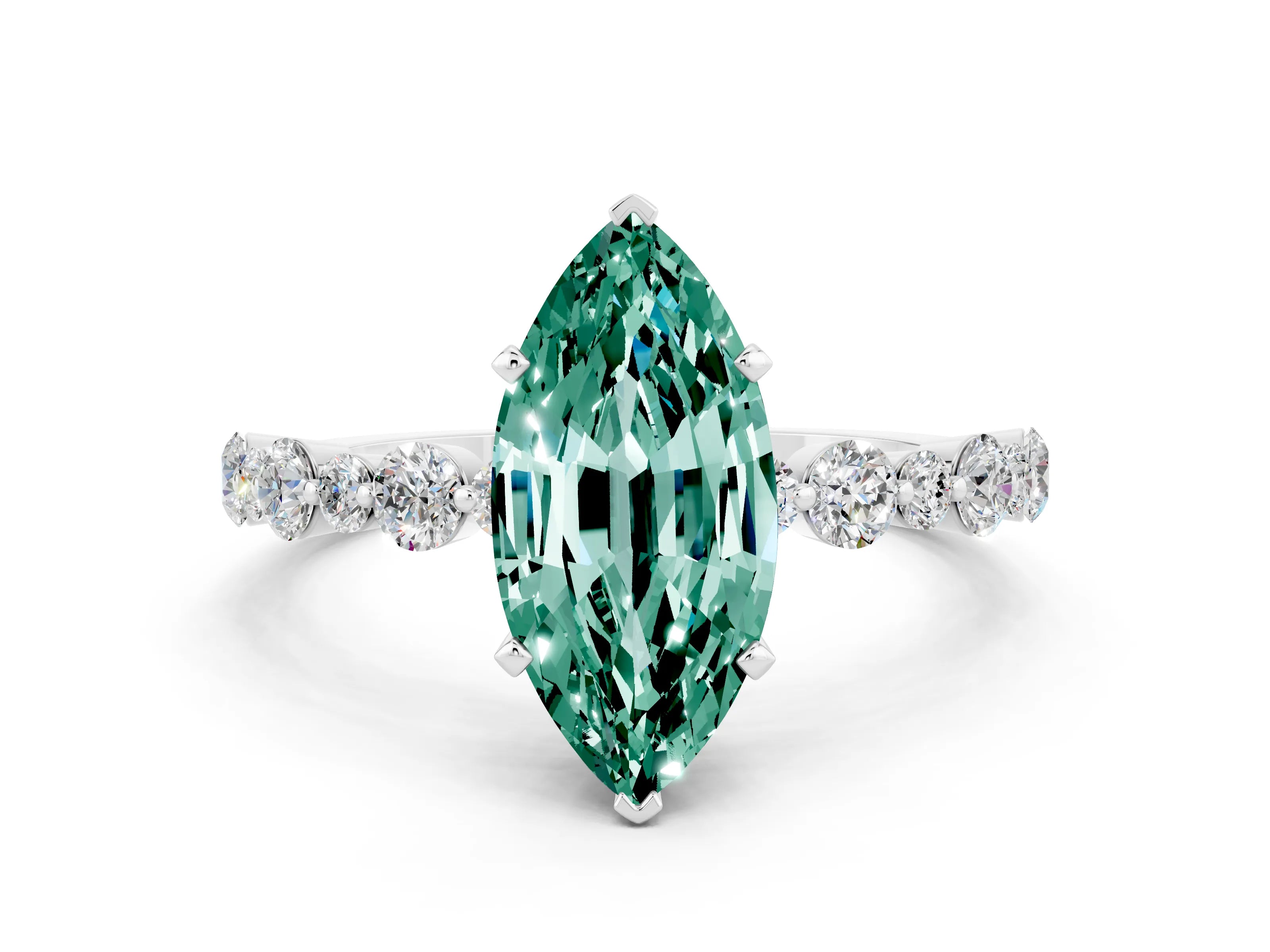 White gold Marquise Cut Green Sapphire Prong Set Engagement Ring with Pavé Band