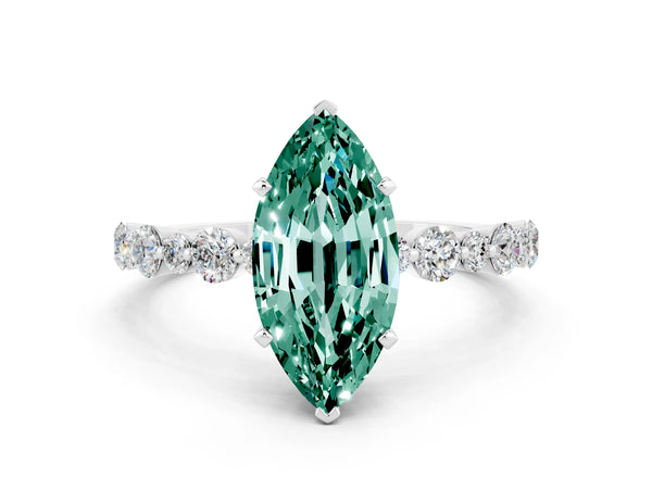Platinum Marquise Cut Green Sapphire Prong Set Engagement Ring with Pavé Band