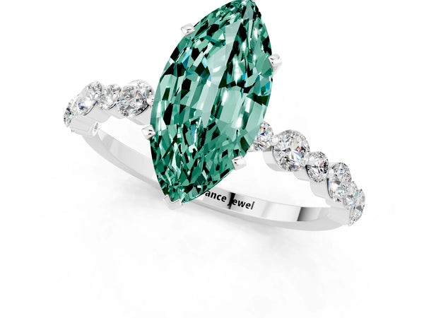 Platinum Marquise Cut Green Sapphire Prong Set Engagement Ring with Pavé Band