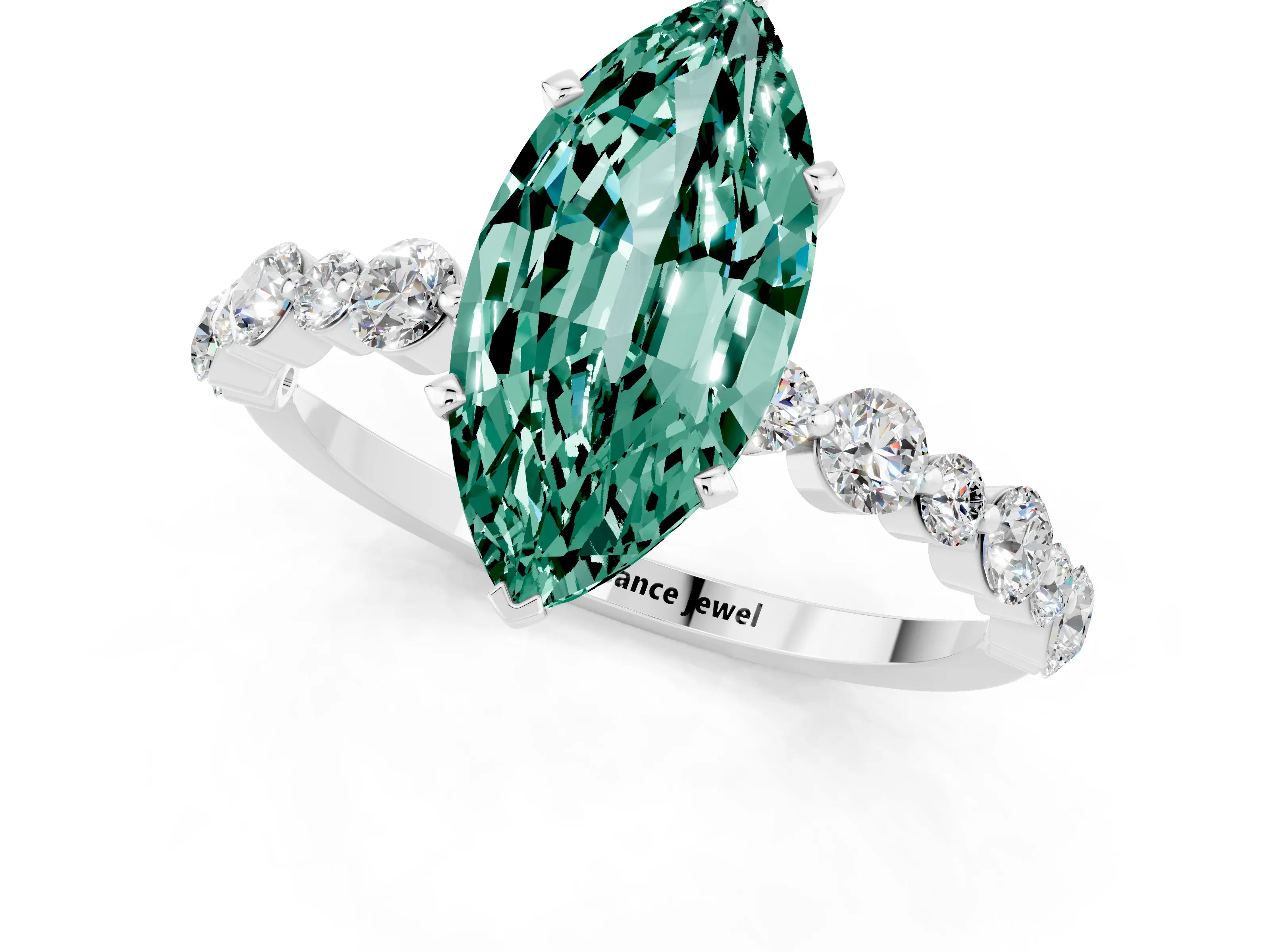 White gold Marquise Cut Green Sapphire Prong Set Engagement Ring with Pavé Band_1