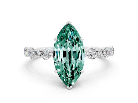 White gold Marquise Cut Green Sapphire Prong Set Engagement Ring with Pavé Band