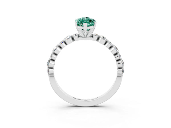 Platinum Marquise Cut Green Sapphire Prong Set Engagement Ring with Pavé Band